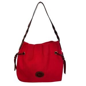 Dooney & Bourke Nylon Shopper Tote Leather Trim Drawstring Red Bag Purse